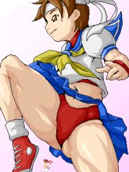 1girls 2008 bloomers buruma clothing female footwear handwear headband human isu navel pale_skin pantyshot sakura_kasugano skirt sportswear street_fighter thick_thighs thighs