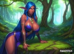 1girls ai_generated audiostick blue_hair breasts cleavage colored colorful detailed_background dress elf elf_ears elf_female elf_girl forest glowing_eyes grass huge_breasts large_breasts looking_at_viewer night_elf path seductive solo stable_diffusion thighs tree trees vibrant warcraft watermark world_of_warcraft wow