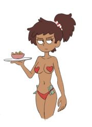 amphibia amphibia_(finale) anne_boonchuy annoyed_expression dark_skin female female_only heart-shaped_pasties human_only incogneato money_in_thong pasties ponytail skinny solo straight_hair thong tray white_background