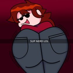 .. 1girls ass background big_ass brown_hair evanmcshepherd123 faker_gf_(friday_night_funkin) female friday_night_funkin girlfriend_(friday_night_funkin) jacket jeans looking_at_viewer phone_screen short_hair smug text thick_thighs twerking