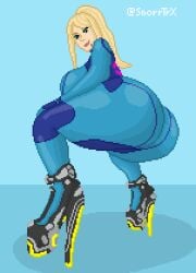 1girls ass ass_focus big_ass big_butt blonde_hair bodysuit dat_ass high_heels huge_ass large_ass large_breasts long_hair looking_at_viewer looking_down looking_down_at_viewer low-angle_view metroid mole mole_under_mouth nintendo pixel_art red_lips samus_aran shiny_clothes skin_tight smiling snorrtrx squatting thick thick_thighs zero_suit zero_suit_samus