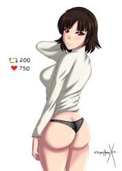 1girls ass ass_focus atlus brown_hair clothed clothed_female female female_focus female_only human human_only like_icon looking_at_viewer looking_back looking_back_at_viewer makoto_niijima panties panties_only persona persona_5 sideboob simple_background solo solo_female sonicheroxd thick_thighs underwear underwear_only