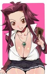 akiza_izinski breasts_bigger_than_body cleavage female happy holding_card huge_breasts izayoi_aki looking_at_viewer necklace scandalous school_uniform schoolgirl short_skirt thick_thighs whoopsatro yu-gi-oh! yu-gi-oh!_5d's