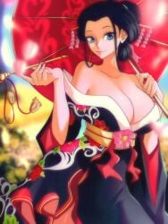 1girls alternate_costume female female_only hairpin japanese_clothes kimono kiseru nico_robin nihongami oiran one_piece opalisart parasol post-timeskip