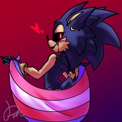 black_sclera blue_fur curse_(sonic.exe) ear_piercing fingerless_gloves heart lgbt_pride looking_at_viewer looking_back male pride_colors red_eyes solo sonic.exe sonic_(series) transgender_flag transgender_pride_colors white_pupils