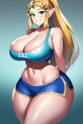 1girls ai_generated blonde_hair blue_eyes blue_tank_top curvaceous curvy curvy_figure dolphin_shorts female female_only gigantic_breasts huge_breasts huge_hips looking_at_viewer nai_diffusion ponytail princess_zelda seductive_smile shiny_clothes shiny_hair shiny_skin solo stable_diffusion tank_top the_legend_of_zelda thick_thighs thunder_thighs voluptuous wide_hips