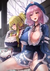 2girls akehi_yuki big_breasts blonde_hair clothing female female_only multiple_girls pink_hair pose sauna sitting touhou yukari_yakumo yuyuko_saigyouji