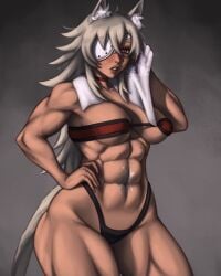 1girls abs after_workout animal_ear_fluff animal_ears animal_humanoid animal_tail artistotle_(artist) barely_clothed barely_contained beast belly_scar big_arms big_breasts big_thighs blush blushing_at_viewer brown_body brown_lips brown_skin choker eye_covered eyepatch female female_focus female_only fit fit_female fluffy fluffy_ears fluffy_hair fluffy_tail ghislaine_dedoldia gray_fur gray_hair hand_on_hip huge_thighs lips lipstick long_ears long_hair looking_at_viewer messy_hair muscle muscle_girl muscles muscular_arms muscular_legs muscular_thighs mushoku_tensei pink_eyes pinup pinup_pose pov pov_eye_contact red_choker scar scar_on_belly scar_on_face scars sharp_claws sharp_fingernails sharp_nails six_pack tan_body tan_skin thong thong_bikini towel towel_around_neck white_fur white_hair wiping_sweat