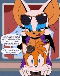 1boy 1boy1girl 1girls age_difference anthro bat blush cleavage english_text eyewear_on_head flirting fox imminent_sex miles_prower older_female older_woman_and_younger_boy propositioning rouge_the_bat sega sonic_(series) sonic_the_hedgehog_(series) speech_bubble sunglasses sunglasses_on_head tagme tails text the_murder_of_sonic_the_hedgehog thehumancopier younger_male