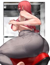 1girls ass breasts chainsaw_man dat_ass female hi_res huge_ass huge_breasts kikimifukuri long_hair low-angle_view makima_(chainsaw_man) mask red_hair sports_bra sportswear sweat sweaty_body thick_thighs thighs tight_clothing yellow_eyes yoga_pants