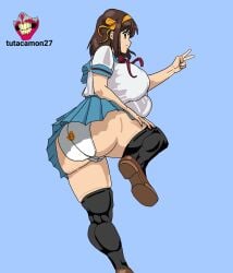 1girls bear_panties big_ass big_breasts brown_hair panties school_uniform schoolgirl suzumiya_haruhi suzumiya_haruhi_no_shoushitsu thighhighs tutacamon27