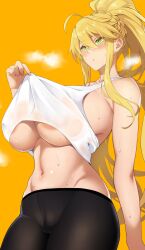 1girls artoria_pendragon artoria_pendragon_(lancer) artoria_pendragon_(swimsuit_ruler) blonde_hair blush breasts fate/grand_order fate_(series) female green_eyes hips huge_breasts light-skinned_female light_skin long_hair long_ponytail ponytail soba_(saz) sports_bra sportswear sweat sweaty_body thick_thighs thighs wide_hips yoga_pants