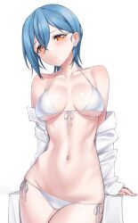 absurdres bikini blue_hair breasts collarbone cowboy_shot ear_piercing female halterneck highres leaning love_live! love_live!_superstar!! medium_breasts nasuno_(nasuno42) navel off_shoulder parted_lips piercing pursed_lips red_eyes shirt short_hair side-tie_bikini_bottom solo standing stomach string_bikini swimsuit wakana_shiki white_background white_bikini white_shirt