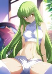 1girls bare_shoulders breasts c.c. code_geass green_hair long_hair looking_at_viewer midriff navel shorts sitting solo spread_legs thighhighs white_thighhighs yellow_eyes yu-ta