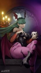 3d aanix bat_print bat_wings big_breasts black_leotard bridal_gauntlets clothing darkstalkers demon_girl demon_wings green_eyes green_hair holding_skull leotard long_hair looking_at_viewer morrigan_aensland pale-skinned_female purple_leggings seductive_look seductive_smile skull small_breasts smile smiling smiling_at_viewer smug smug_face succubus vampire vampire_hunter vampire_savior wings_on_head