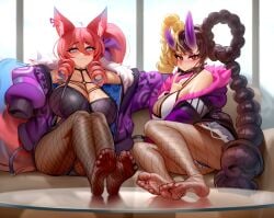 2023 2girls animal_ears ayaka_(athighhighguy) big_breasts black_toenails blush breasts cleavage feet female female_focus female_only fishnet_pantyhose fishnets hair_ornament horns kairuhentai kairunoburogu kicho_(character) light-skinned_female light_skin looking_at_viewer oni oni_horns original original_character original_characters pantyhose partially_clothed red_eyes sitting smile smiling smiling_at_viewer