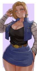 1girls android android_18 big_breasts blonde_hair blue_eyes blue_jacket blue_skirt blushing breasts cleavage clothed dragon_ball dragon_ball_z female female_focus female_only fully_clothed gud0c jacket large_breasts looking_at_viewer short_hair skirt solo solo_female solo_focus thick_thighs wide_hips