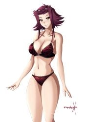 akiza_izinski artist_signature big_breasts brown_eyes colored hair_ornament izayoi_aki lingerie looking_at_viewer red_hair short_hair smile sonicheroxd thick thick_thighs white_background yu-gi-oh! yu-gi-oh!_5d's