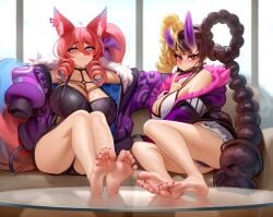 2023 2girls animal_ears ayaka_(athighhighguy) barefoot big_breasts black_toenails blush breasts cleavage feet female female_focus female_only hair_ornament horns kairuhentai kairunoburogu kicho_(character) light-skinned_female light_skin looking_at_viewer multiple_girls oni oni_horns original original_character original_characters partially_clothed red_eyes sitting smile smiling smiling_at_viewer