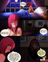 2girls after_sex bed comic cyberunique detailed_background dialogue english_text female female_only glasses long_hair mirror multiple_girls night red_hair text waking_up