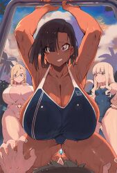 1boy 3girls armpits arms_up blonde_hair breasts brown_hair cleavage dark-skinned_female dark_skin earrings fat_breasts female female_only flat_belly huge_breasts long_hair magister_(bigbakunyuu) minami_aoba mole original pandora_smith plump pov shiratama_liliana short_hair sideboob small_breasts swimsuit teasing thick_thighs wet wide_hips