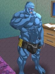 anthro balls bara barazoku beast_(x-men) big_bulge blue_fur blue_skin blue_skinned_male blush bulge flaccid furry hank_mccoy licking_finger male male_only marvel marvel_comics muscles muscular penis precum precum_through_clothing reclamon solo solo_male underwear undressing x-men