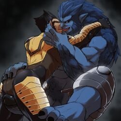 2boys anthro balls bara barazoku beast_(x-men) big_penis blue_fur blue_skinned_male boner erection fully_clothed furry hank_mccoy kissing male male_only marvel marvel_comics muscles muscular muscular_male nude othukimi penis sideburns spread_legs wolverine_(x-men) x-men yaoi