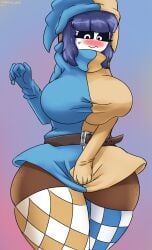 bangs belt blush dark-skinned_female dark_skin duomi_(kalmoire) fan_character female jester jester_cap justbirb large_ass large_breasts mario_(series) mask oc purple_hair shy_gal solo thick_ass thick_thighs thighs voluptuous