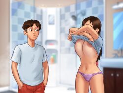 1boy 1girls 2d areolae bathroom big_breasts bottomwear breasts brown_hair clothed clothing conversation darkcookie digital_drawing_(artwork) digital_media_(artwork) door duo hand_on_hip hands_on_hips jenny_(summertime_saga) light-skinned_female light-skinned_male light_skin long_hair looking_at_partner looking_down main_character_(summertime_saga) male naughty_face naughty_smile nipples panties pants pink_panties room see-through see-through_clothing see-through_shirt shirt shirt_lift shirt_up shorts smile smiling standing summertime_saga surprised surprised_expression topwear underboob underwear undressing water wet wet_clothes wet_clothing wet_shirt