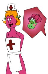 anthro checkup embarrassed embarrassed_male erothic green_skin little_miss_helpful milkshake! mr._lazy mr._men nurse nurse_hat nurse_outfit nurse_uniform orange_hair pink_body pink_skin reaction red_cross red_hair the_mr._men_show white_background