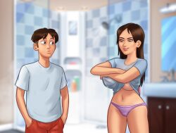 1boy 1girls 2d areolae bathroom big_breasts bottomwear breasts brown_hair clothed clothing conversation darkcookie digital_drawing_(artwork) digital_media_(artwork) door duo hand_on_hip hands_on_hips jenny_(summertime_saga) light-skinned_female light-skinned_male light_skin long_hair looking_at_partner looking_down main_character_(summertime_saga) male naughty_face naughty_smile nipples panties pants pink_panties room see-through see-through_clothing see-through_shirt shirt shirt_lift shirt_up shorts smile smiling standing summertime_saga surprised surprised_expression topwear underboob underwear undressing water wet wet_clothes wet_clothing wet_shirt