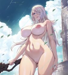 1girls abdomen absolutely_nothing_on android areola areolae arttoru ass_visible_through_thighs blue_eyes completely_nude completely_nude_female erect_nipples female female_focus female_only holding_weapon hourglass_figure large_breasts light-skinned_female light_skin long_hair mole naked naked_female nier nier:_automata nipples nude nude_female pink_nipples shaved_pussy solo solo_female sword thick_thighs voluptuous weapon white_hair wide_hips yorha_a2