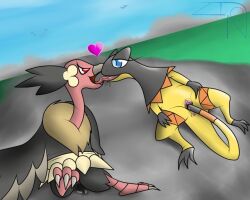 avian feral feral_on_feral heart heliolisk looking_at_partner lowres mandibuzz masturbation pokémon_(species) pokemon pussy tail talons tongue tongue_kiss wings zion