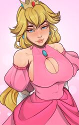 1girls bare_shoulders blonde_hair blue_eyes breasts cleavage cleavage_cutout clothing detached_sleeves dick_sucking_lips ezhaillia female female_only large_breasts mario_(series) pink_dress princess_peach puffy_short_sleeves puffy_sleeves seductive seductive_smile sideboob solo standing