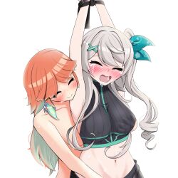 2girls armpits arms_above_head arms_up bare_armpits bare_midriff bare_shoulders belly_button big_breasts blush blush_lines breast_grab breast_grab_from_behind breast_grab_under_clothes closed_eyes clothed_female crossover crying duo duo_female duo_focus exposed_armpits exposed_torso eyes_closed grabbing_breast grabbing_from_behind gray_hair green_hair grey_hair hand_on_breast hands_tied hololive hololive_english hololive_myth implied_fingering implied_masturbation large_breasts lesbian midriff multiple_girls naked naked_female navel nijisanji nijisanji_en nipple_bulge nude nude_female open_mouth orange_hair pomu_rainpuff saliva saliva_drip side_ponytail sleeveless sweat sweating takanashi_kiara tears tied_hair tied_hands tied_up tummy two_tone_hair virtual_youtuber vtuber white_background yuri