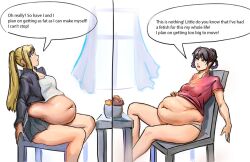 2girls bbw belly_overhang big_belly big_breasts chubby chubby_female cleavage fat fat_fetish fat_girl fat_rolls fat_woman female female_only fullmetal_alchemist hand_on_belly larger_female may_chang obese obese_female overweight overweight_female plump plus_size sitting speech_bubble ssbbw thick_arms weight_gain winry_rockbell