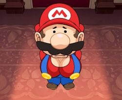 1boy black_eyes breast_grab brown_hair cleavage clothing flashgitz hat indoors large_breasts looking_at_viewer mario mario_(series) meme moustache must nintendo red_hat screencap standing stitched