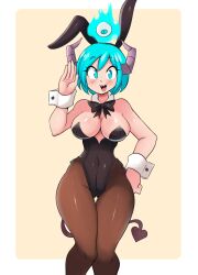 1girls aqua_eyes aqua_hair big_breasts breasts bunny_ears bunny_ears_(cosmetic) bunnysuit cleavage demon_girl demon_horns demon_tail detached_collar female female_focus female_only horns looking_at_viewer lucyfercomic neck_ribbon original original_character pantyhose smiling smiling_at_viewer solo synn_(tobias_wheller) tagme tail thick_thighs very_high_resolution wide_hips wrist_cuffs