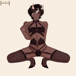 1boy bdsm_outfit bondage brown_hair buttons choker collar collarbone cookie_run cookie_run_kingdom corset dark-skinned_femboy dark-skinned_male dark_skin espresso_cookie eye_contact fingernails fishnets garter_straps gay hair_over_one_eye heels horns lingerie long_legs looking_at_viewer meiwaku.art multicolored_hair shoulders stockings tan_body yaoi