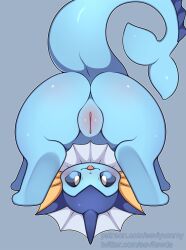 2023 ass blep blue_body blush digital_media_(artwork) eeveelution female feral fin generation_1_pokemon genitals hi_res looking_at_viewer looking_through looking_through_legs nintendo pokemon pokemon_(species) pussy rear_view seviyummy simple_background smile solo tail text tongue tongue_out url vaporeon