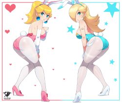 2girls ass blonde_hair blue_eyes breasts bunny_ears bunny_girl bunnysuit female female_only hair_over_one_eye heels kaos_art large_ass large_breasts light-skinned_female light_skin long_hair long_legs mario_(series) nintendo princess_peach princess_rosalina