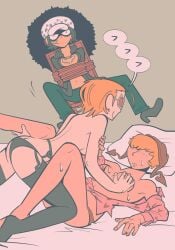 3girls black_legwear black_panties black_thighhighs blonde_hair bound breast_grab canon_genderswap chullo coif donquixote_doflamingo donquixote_rosinante female female_only forced_to_watch garter_belt garter_straps genderswap_(mtf) hair_over_eyes hat headwear incest multiple_girls on_back on_bed one_piece open_shirt panties red-tinted_eyewear rope rule_63 shiku_shiku_no_mi short_hair shounen_jump siblings sisters sknc1291 smile stockings sunglasses sweat thighhighs tied_to_chair tinted_eyewear topless_female trafalgar_law trafalgar_law_(female) very_short_hair yuri