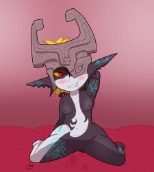 armor ass barefoot bed bedroom_eyes big_butt bite biting_lip blush bodily_fluids breasts cute_fangs feet female furniture fused_shadow genital_fluids genitals gradient_background grey_body grey_skin hands_behind_head headgear helmet humanoid humanoid_pointy_ears imp looking_at_viewer markings midna multicolored_body narrowed_eyes navel nintendo nipples not_furry novalewd nude one_eye_obstructed pussy pussy_juice red_eyes seductive short_stack simple_background sitting small_breasts solo spread_legs spreading the_legend_of_zelda thick_thighs twili twilight_princess wide_hips yellow_sclera