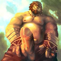 bara blazingcheecks cigar final_fantasy final_fantasy_xi foreskin galka low-angle_view muscular muscular_male solo