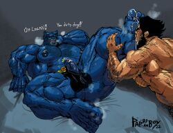 anthro balls bara barazoku beast_(x-men) blue_fur blue_skinned_male boner erection feet furry glasses hank_mccoy licking_feet logan_(x-men) male male_only marvel marvel_comics muscles muscular musk nude paprikaboy penis penis_out spread_legs wolverine_(x-men) x-men yaoi