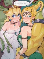 2boys 2girls ass bad_end blonde_hair blue_eyes bowser breasts crossover dialogue diforland dress english_text female ganondorf green_eyes height_difference imminent_sex implied_marriage large_ass large_breasts long_hair male mario_(series) naughty_face nintendo partner_swap pointy_ears princess princess_peach princess_zelda short_hair speech_bubble standing super_mario_bros._(2023_film) swingers tears_of_the_kingdom text the_legend_of_zelda wedding_dress wife_swap zelda_(tears_of_the_kingdom) zonai_outfit