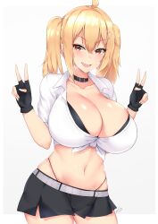 blonde_hair blush cleavage collar exposed_breasts haks huge_breasts kuavera long_hair looking_at_viewer open_mouth original peace_sign saaya_(kirome) skirt smile tagme twintails virtual_youtuber