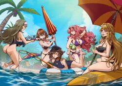 beach beach_ball bikini blonde_hair breasts brown_hair danusko exosister_elis exosister_irene exosister_martha exosister_sofia exosister_stella exosisters pink_hair umbrella water yu-gi-oh!