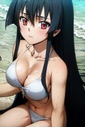 1girls ai_generated akame_(akame_ga_kill!) akame_ga_kill! alluring beach big_breasts bikini black_hair cleavage lovehuwu ocean on_knees pointy_chin red_eyes