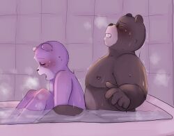 2023 anthro bathtub bear blush brown_body closed_eyes detailed_background duo inside male mammal nipples padre_(unicorn_wars) purple_body sargento_caricias slightly_chubby steam unicorn_wars zadscat